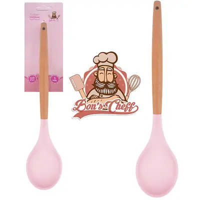 COLHER DE ARROZ DE SILICONE ROSA CABO MADEIRA BONS CHEFF 31X6,5CM NA CARTELA