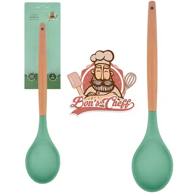 COLHER DE ARROZ DE SILICONE VERDE CABO MADEIRA BONS CHEFF 31X6,5CM NA CARTELA