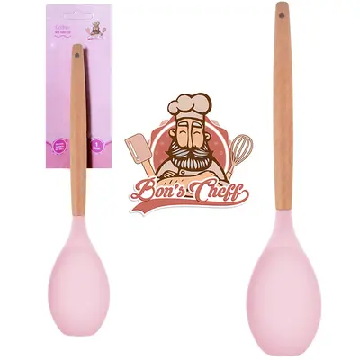 COLHER MULTIUSO DE SILICONE ROSA CABO MADEIRA BONS CHEFF 32X6,5CM NA CARTELA