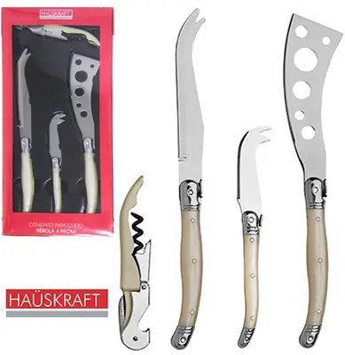 CONJUNTO PARA QUEIJO E FRIOS COM 3 FACAS + SACA ROLHA DE INOX CABO PEROLA HAUSKRAFT