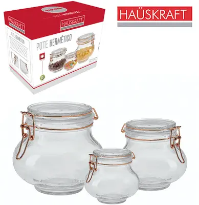 CONJUNTO DE POTE DE VIDRO REDONDO COM TAMPA HERMETICA E FECHO METALIZADO ROSE GOLD HAUSKRAFT 3 PECAS