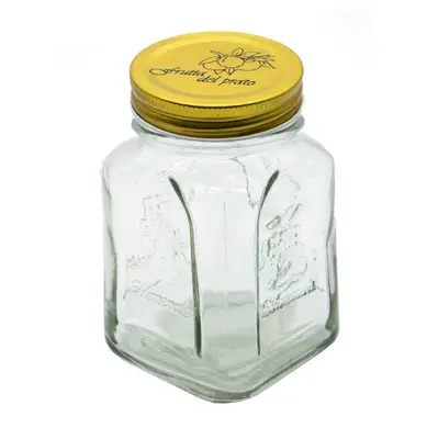 POTE DE VIDRO QUADRADO COM TAMPA DE METAL METALIZADO DOURADO 450ML