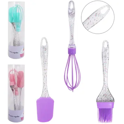 KIT CONFEITEIRO ESPATULA DE PAO DURO / PINCEL CULINARIO / BATEDOR DE CLARAS DE SILICONE CABO ACRILICO GLITTER NO TUBO