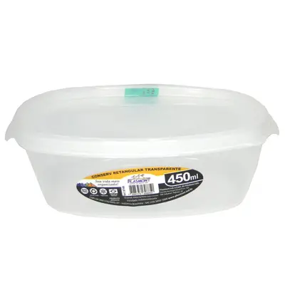 CONSERV DE PLASTICO RETANGULAR COM ALCA + TAMPA 450ML