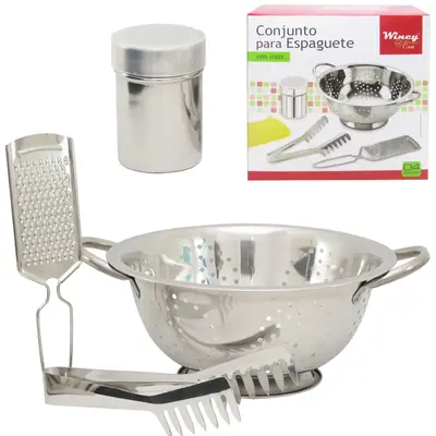 CONJUNTO DE ESPAGUETE COM ESCORREDOR + QUEIJEIRA + PEGADOR E RALADOR DE INOX 4 PECAS