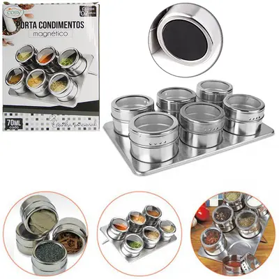 PORTA CONDIMENTO DE INOX MAGNETICO COM 6 PECAS 70ML + SUPORTE NA CAIXA