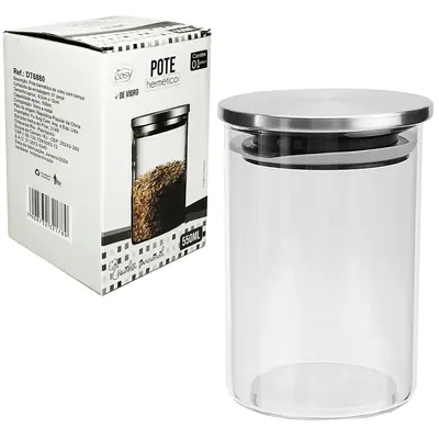 POTE DE VIDRO BOROSSILICATO LISO REDONDO COM TAMPA HERMETICA DE METAL 550ML