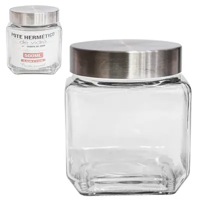 POTE DE VIDRO QUADRADO LISO COM TAMPA DE INOX 500ML