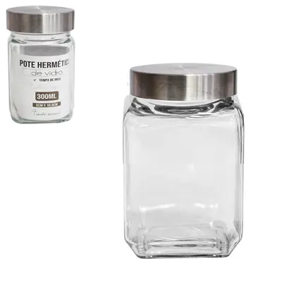 POTE DE VIDRO QUADRADO LISO COM TAMPA DE INOX 300ML