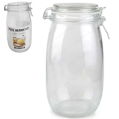 POTE DE VIDRO REDONDO COM TAMPA HERMETICA DE VIDRO E FECHO 1,5L