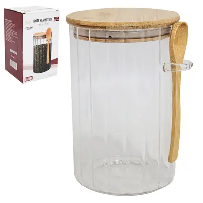 POTE DE VIDRO BOROSSILICATO REDONDO CANELADO COM ALCA + COLHER E TAMPA HERMETICA DE MADEIRA / BAMBU 850ML