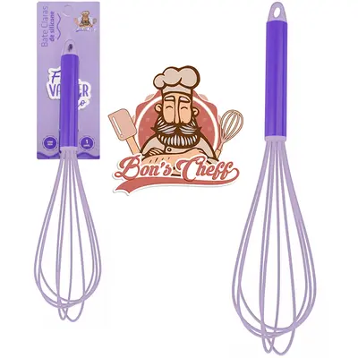 BATEDOR DE CLARA FOUET MANUAL DE SILICONE ROXO CABO INOX BONS CHEFF 29,5X7CM
