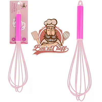 BATEDOR DE CLARA FOUET MANUAL DE SILICONE ROSA CABO INOX BONS CHEFF 29,5X7CM