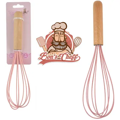 BATEDOR DE CLARA FOUET MANUAL DE SILICONE ROSA CABO MADEIRA BONS CHEFF 26X7CM