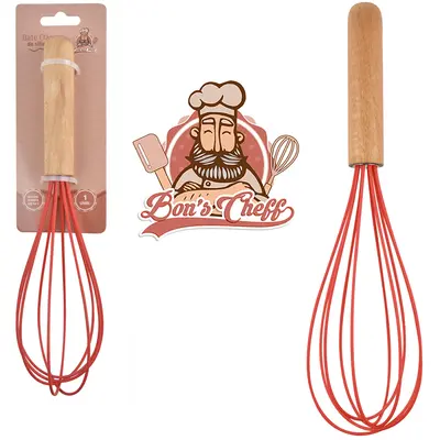 BATEDOR DE CLARA FOUET MANUAL DE SILICONE VERMELHO CABO MADEIRA BONS CHEFF 26X7CM