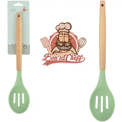 COLHER DE SILICONE VAZADA VERDE CABO MADEIRA BONS CHEFF 31X6,5CM NA CARTELA