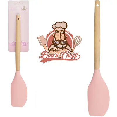 ESPATULA DE PAO DURO DE SILICONE ROSA CABO MADEIRA BONS CHEFF 31X6CM