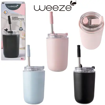 COPO TERMICO DE INOX COM PAREDE DUPLA + CANUDO + TAMPA DE ACRILICO WEEZE 240ML
