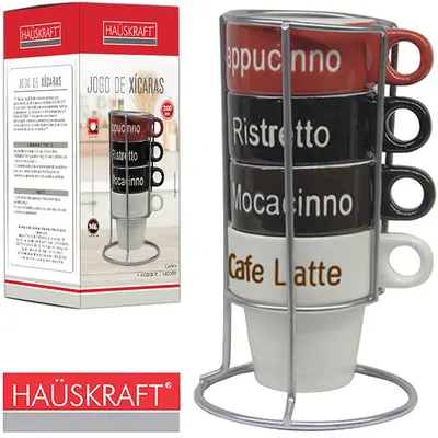 JOGO DE XICARA DE PORCELANA EMPILHAVEL PARA CAFE / CAPPUCCINO 4 PECAS 200ML SUPORTE ARAMADO HAUSKRAFT 21X11CM DE Ø