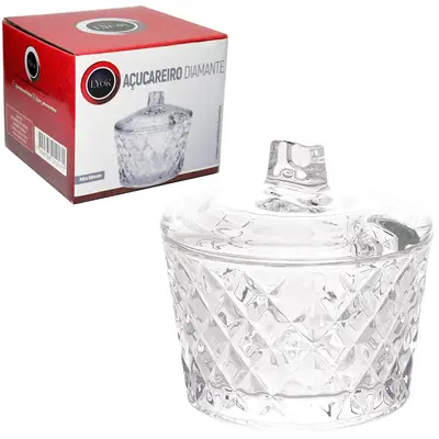 ACUCAREIRO / PORTA CONDIMENTO DE VIDRO CRISTAL DIAMANTE COM TAMPA 300ML NA CAIXA