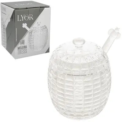 PORTA MEL / MELEIRA DE VIDRO CRISTAL TRESS COM TAMPA + PEGADOR DE ACRILICO 210ML 11X8CM DE Ø NA CAIXA
