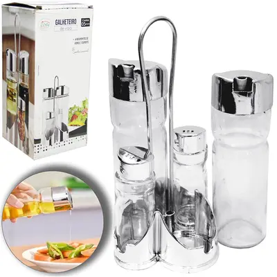 GALHETEIRO DE VIDRO COM 4 PECAS 150ML / 30ML + SUPORTE DE PLASTICO NA CAIXA
