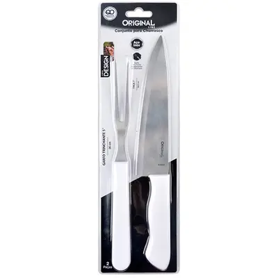 CONJUNTO DE FACA DE CHURRASCO 7'' + GARFO 5'' DE INOX CABO PLASTICO BRANCO COOK