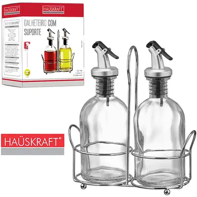 GALHETEIRO DE VIDRO COM 2 PECAS 250ML + SUPORTE ARAMADO HAUSKRAFT NA CAIXA