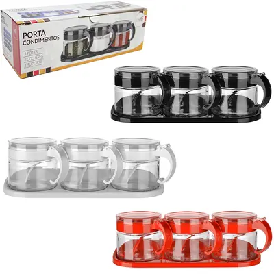 PORTA CONDIMENTO DE VIDRO 3 PECAS 300ML COM COLHER +TAMPA + ALCA E SUPORTE DE PLASTICO