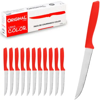 FACA DE CHURRASCO DE INOX 4,5'' CABO PLASTICO VERMELHO COLOR COM 12 PECAS