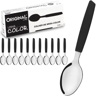 COLHER DE MESA DE INOX CABO PLASTICO PRETO COLOR COM 12 PECAS 19CM