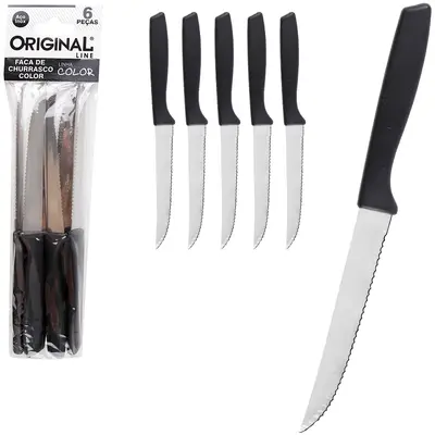 FACA DE CHURRASCO DE INOX 4,5'' CABO PLASTICO PRETO COLOR COM 6 PECAS