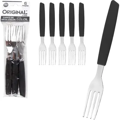 GARFO DE MESA DE INOX CABO PLASTICO PRETO COLOR COM 6 PECAS 19CM