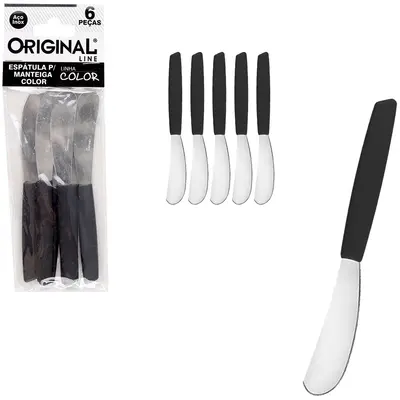 ESPATULA PATE / MANTEIGA DE INOX CABO PLASTICO PRETO COLOR COM 6 PECAS 14CM