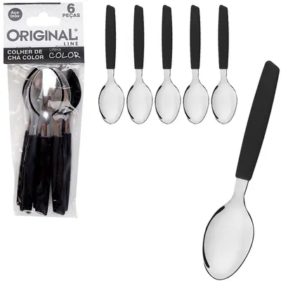 COLHER DE CHA DE INOX CABO PLASTICO PRETO COLOR COM 6 PECAS 13,5CM