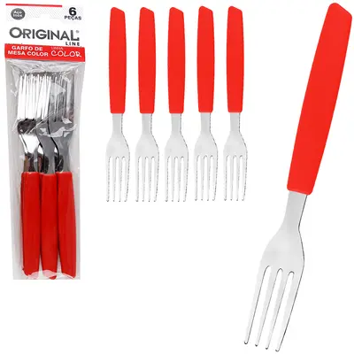 GARFO DE MESA DE INOX CABO PLASTICO VERMELHO COLOR COM 6 PECAS 19CM