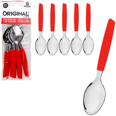 COLHER DE CHA DE INOX CABO PLASTICO VERMELHO COLOR COM 6 PECAS 13,5CM