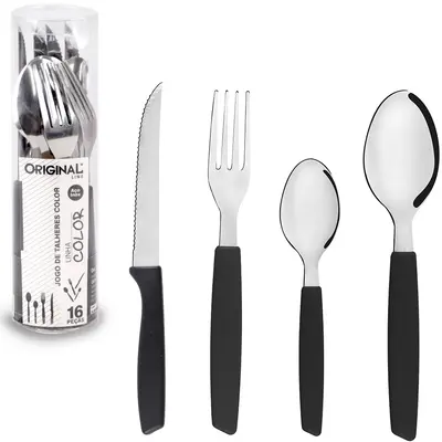 CONJUNTO DE TALHERES / FAQUEIRO DE INOX COM 16 PECAS CABO PLASTICO PRETO COLOR NO TUBO