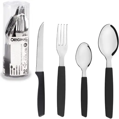 CONJUNTO DE TALHERES / FAQUEIRO DE INOX COM 24 PECAS CABO PLASTICO PRETO COLOR NO TUBO