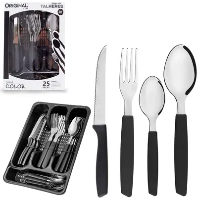 CONJUNTO DE TALHERES / FAQUEIRO DE INOX COM 24 PECAS CABO PLASTICO + PORTA TALHER PRETO COLOR