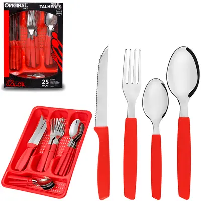 CONJUNTO DE TALHERES / FAQUEIRO DE INOX COM 24 PECAS CABO PLASTICO + PORTA TALHER VERMELHO COLOR