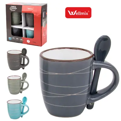 JOGO DE CANECA DE PORCELANA COM COLHER PARA CAFE / CAPPUCCINO LISTRAS 8 PECAS 100ML NA CAIXA