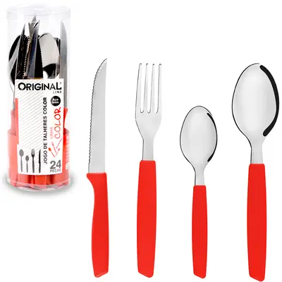 CONJUNTO DE TALHERES / FAQUEIRO DE INOX COM 24 PECAS CABO PLASTICO VERMELHO COLOR NO TUBO