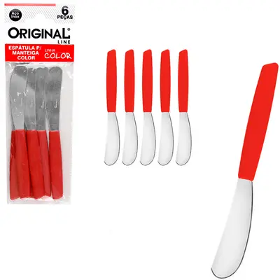 ESPATULA PATE / MANTEIGA DE INOX CABO PLASTICO VERMELHO COLOR COM 6 PECAS 14CM