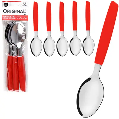 COLHER DE MESA DE INOX CABO PLASTICO VERMELHO COLOR COM 6 PECAS 19CM