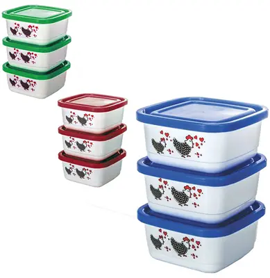 CONJUNTO DE POTE DE PLASTICO QUADRADO GALINHA COM TAMPA COLORS 3 PECAS 750ML