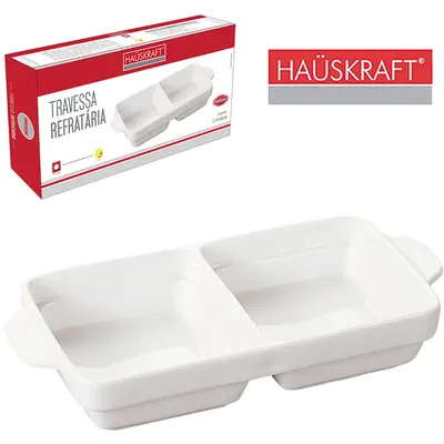 TRAVESSA DE PORCELANA RETANGULAR DUPLA REFRATARIA HAUSKRAFT 500ML 24,8X11,4X4,1CM