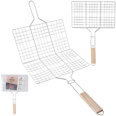 GRELHA ARAMADO PARA CHURRASCO CABO MADEIRA 47,5X32X1,3CM
