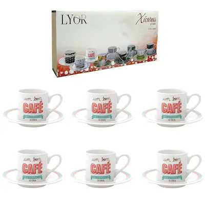 JOGO DE XICARA DE PORCELANA COM PIRES PARA CAFE BOM DIA 12 PECAS 90ML NA CAIXA