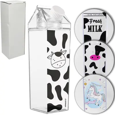 GARRAFA DE AGUA DE ACRILICO CAIXA DE LEITE ESTAMPAS SORTIDAS 500ML
